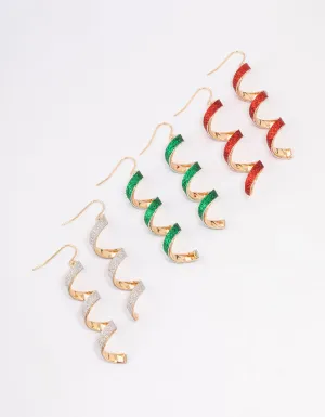 Gold Glitter Spiral Drop Earrings 3-Pack