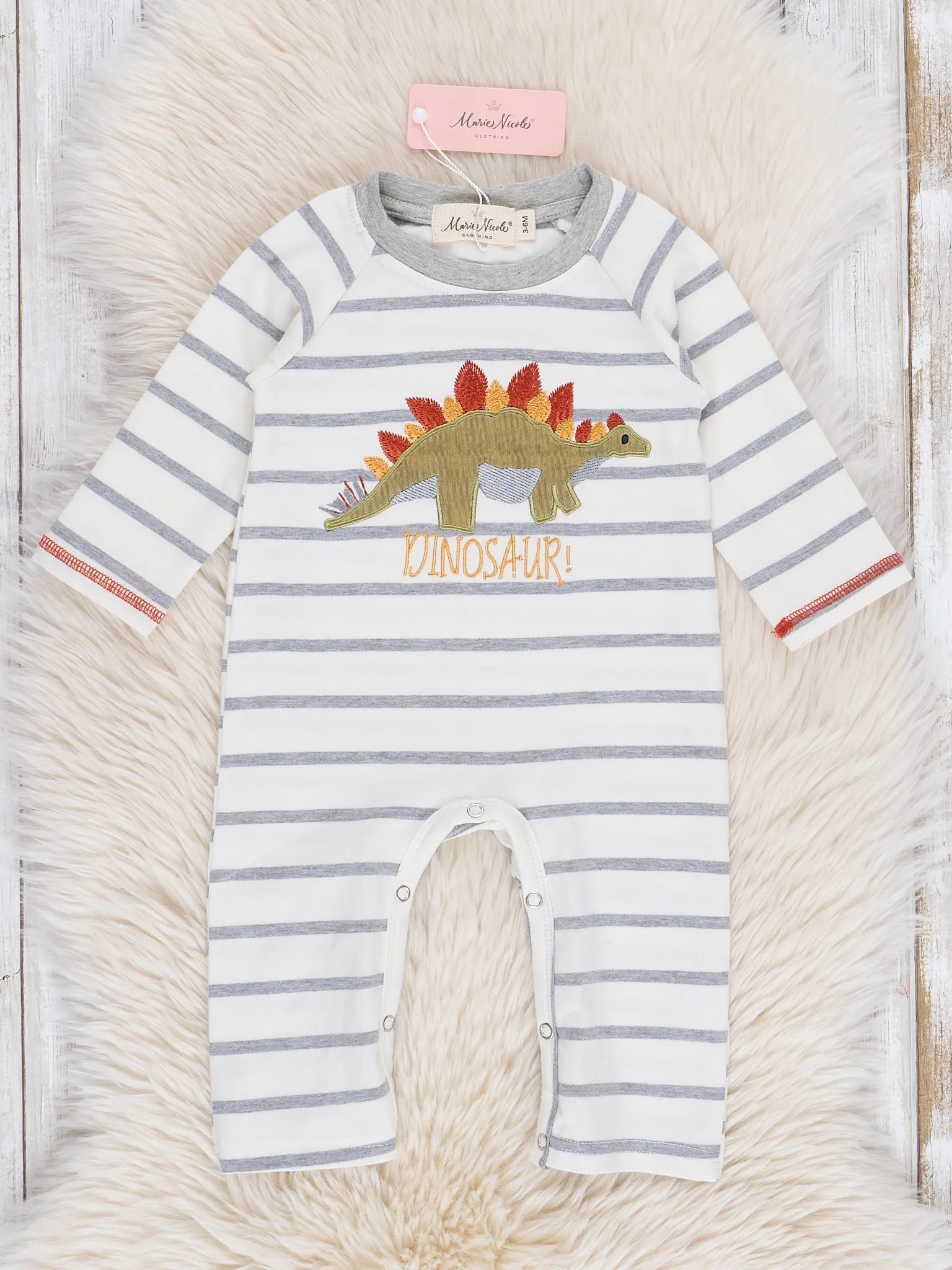 Grey Stripes Embroidered Dinosaurs Romper