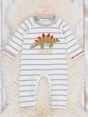 Grey Stripes Embroidered Dinosaurs Romper