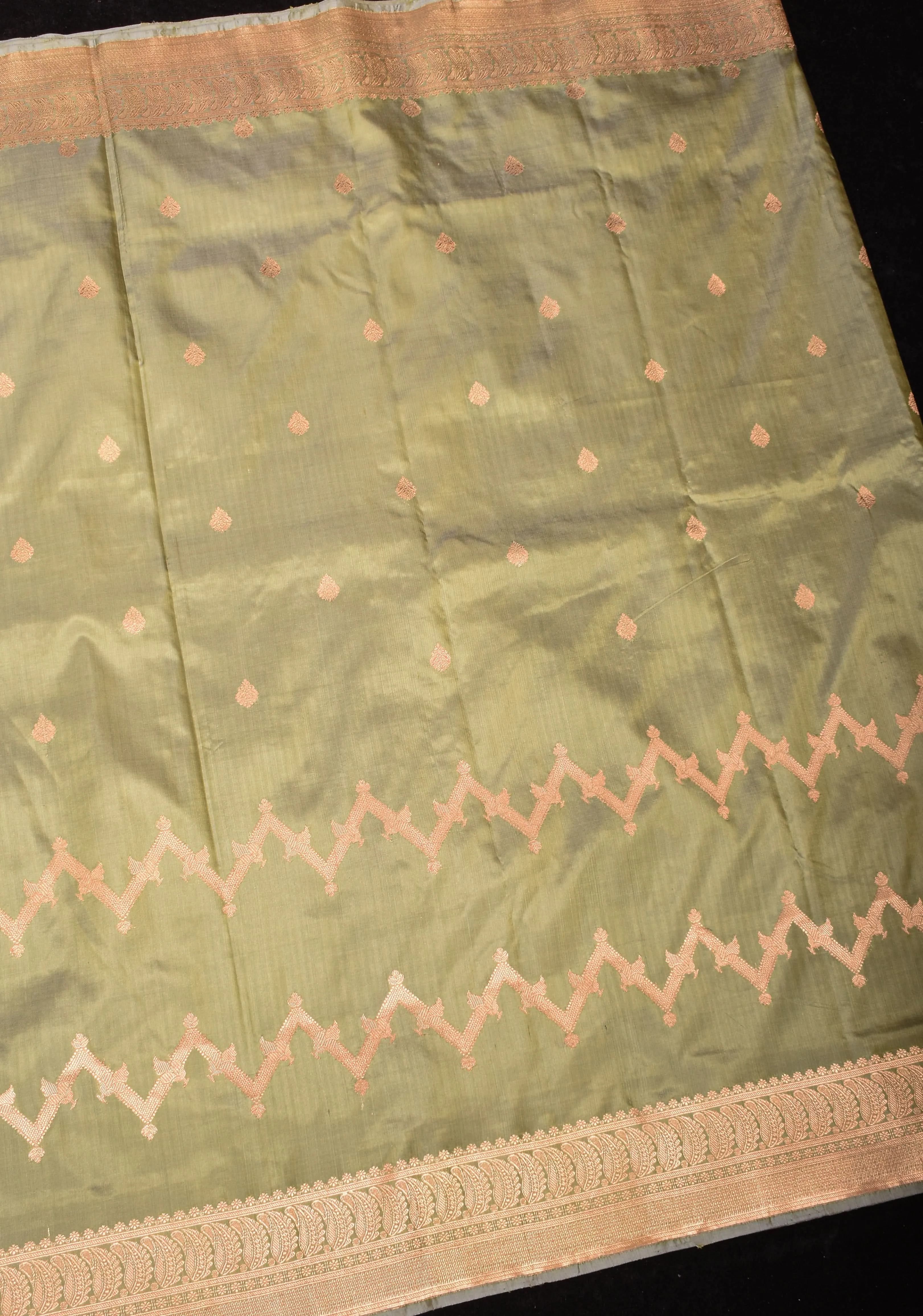 Half and Half Dewy Green Dual tone Lightweight Katan Silk Saree with Chevron Pattern, damask and golden Border | SILK MARK CERTIFIED