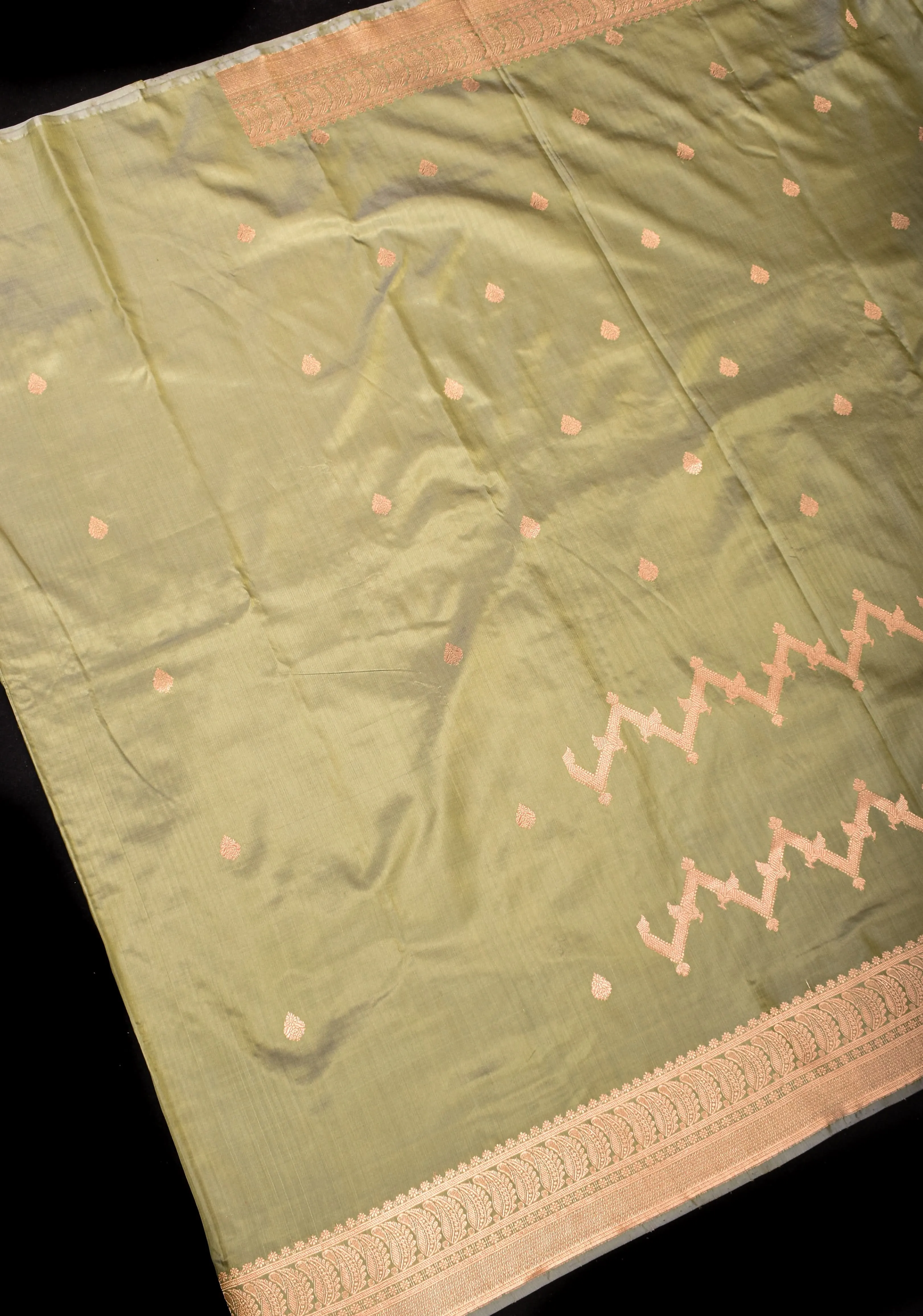 Half and Half Dewy Green Dual tone Lightweight Katan Silk Saree with Chevron Pattern, damask and golden Border | SILK MARK CERTIFIED