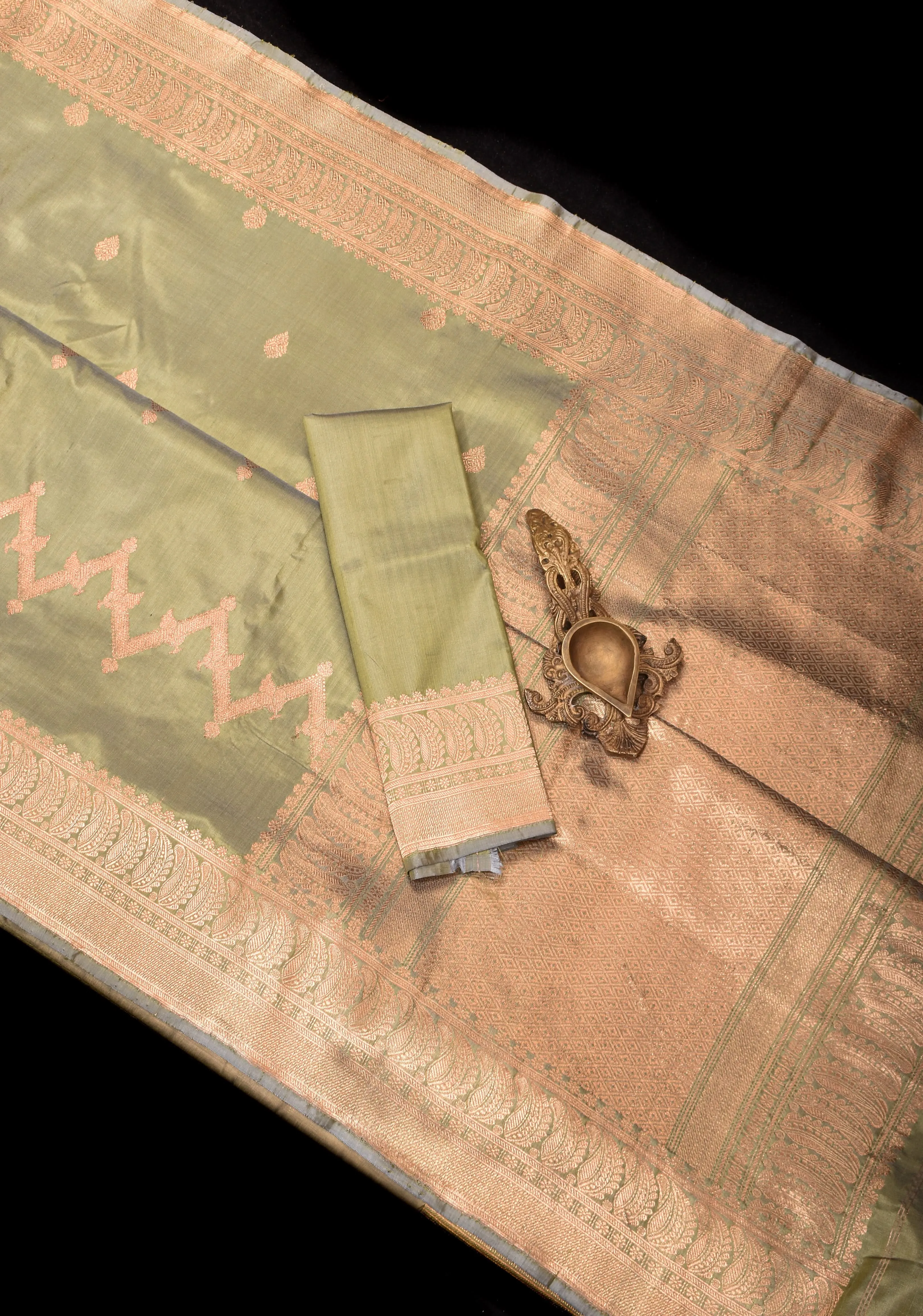 Half and Half Dewy Green Dual tone Lightweight Katan Silk Saree with Chevron Pattern, damask and golden Border | SILK MARK CERTIFIED