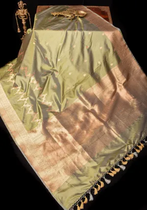 Half and Half Dewy Green Dual tone Lightweight Katan Silk Saree with Chevron Pattern, damask and golden Border | SILK MARK CERTIFIED