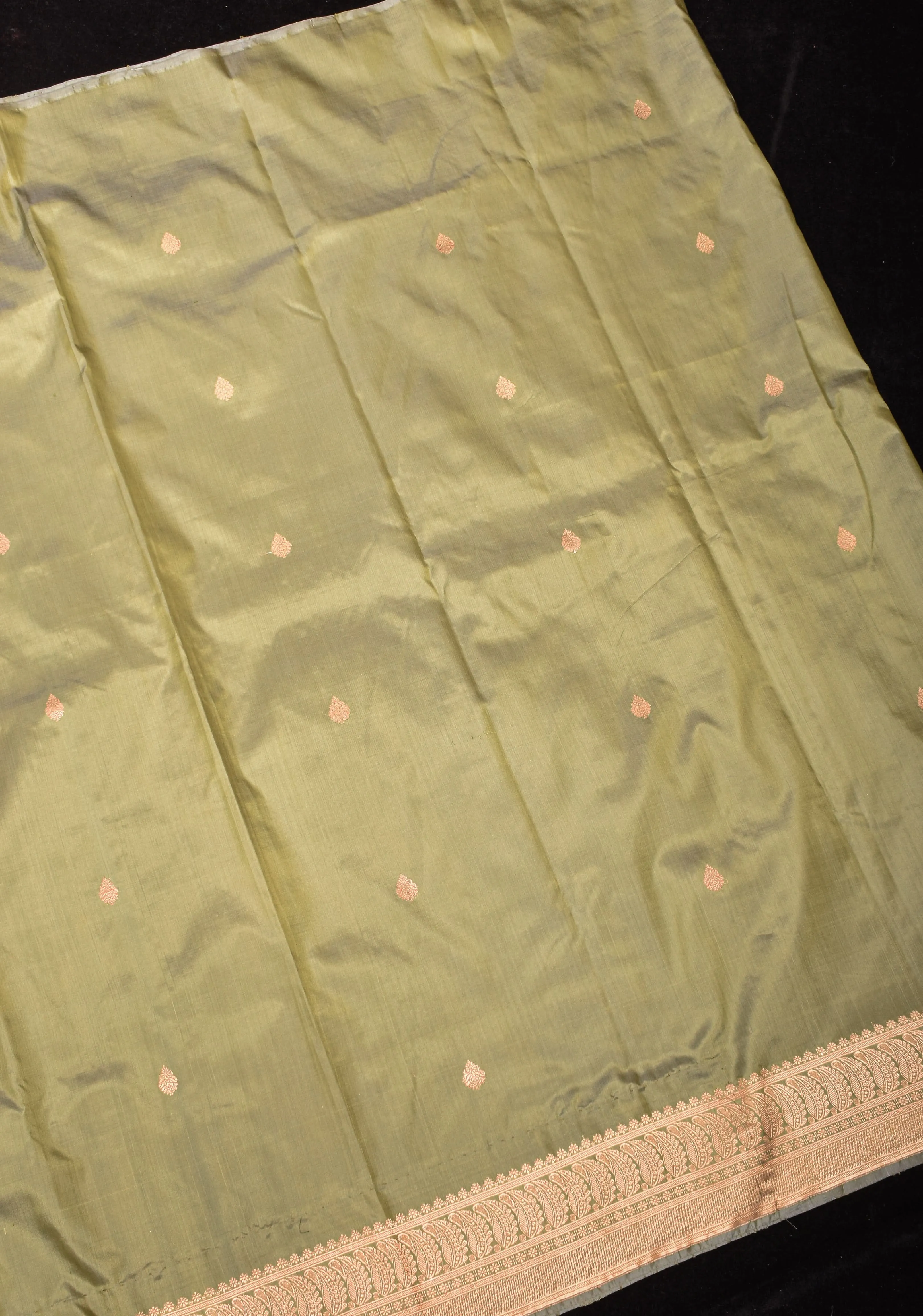 Half and Half Dewy Green Dual tone Lightweight Katan Silk Saree with Chevron Pattern, damask and golden Border | SILK MARK CERTIFIED
