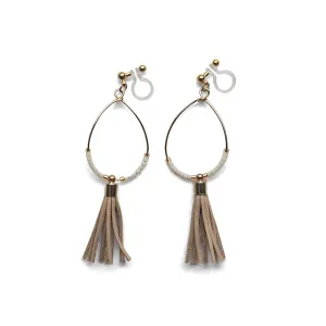 Hoop and beige tassel invisible clip on earrings ( Gold tone )