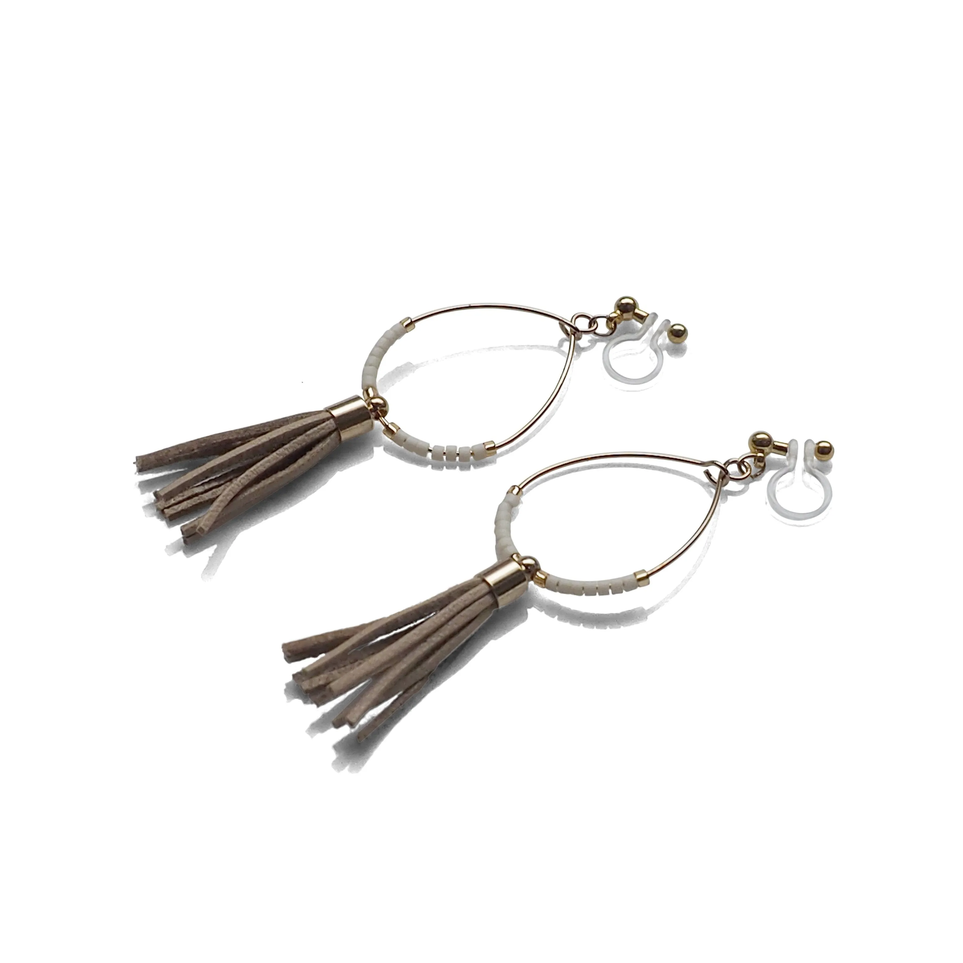 Hoop and beige tassel invisible clip on earrings ( Gold tone )