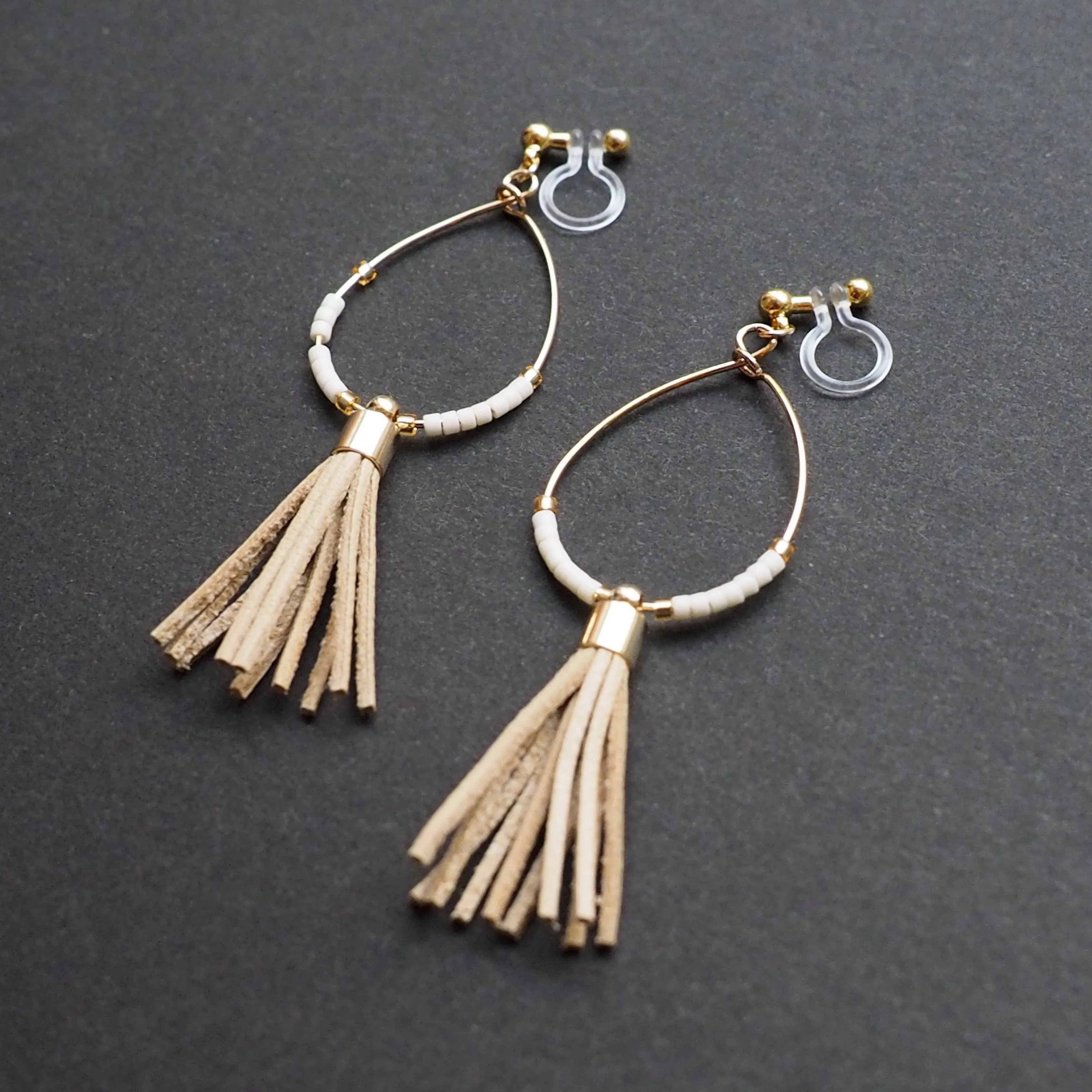 Hoop and beige tassel invisible clip on earrings ( Gold tone )