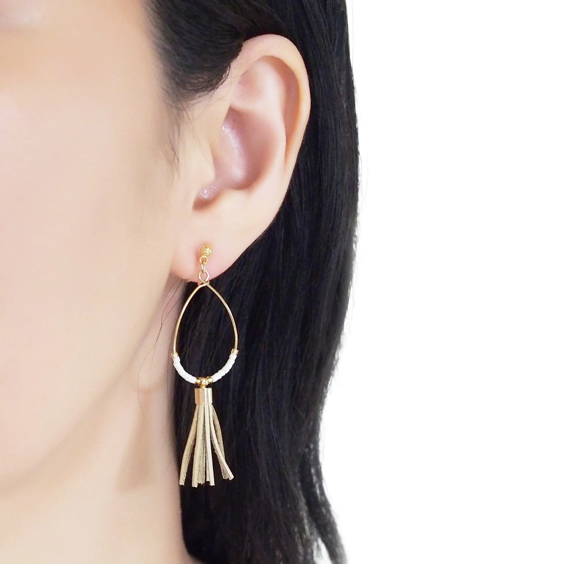 Hoop and beige tassel invisible clip on earrings ( Gold tone )