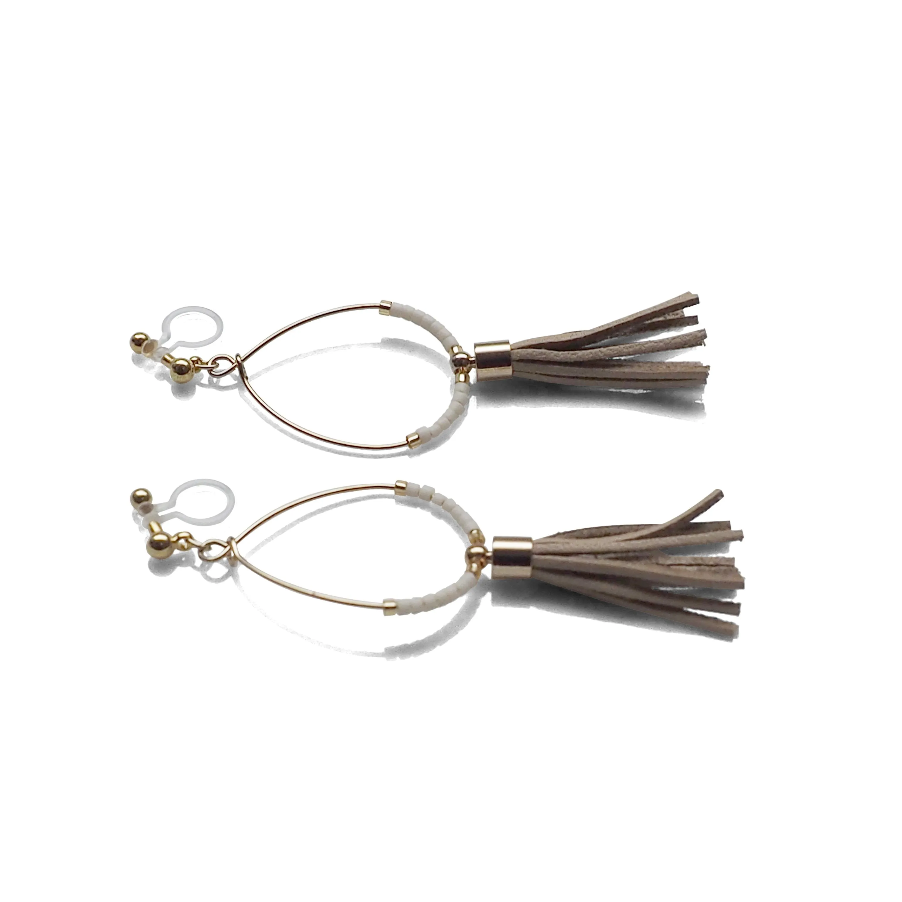 Hoop and beige tassel invisible clip on earrings ( Gold tone )
