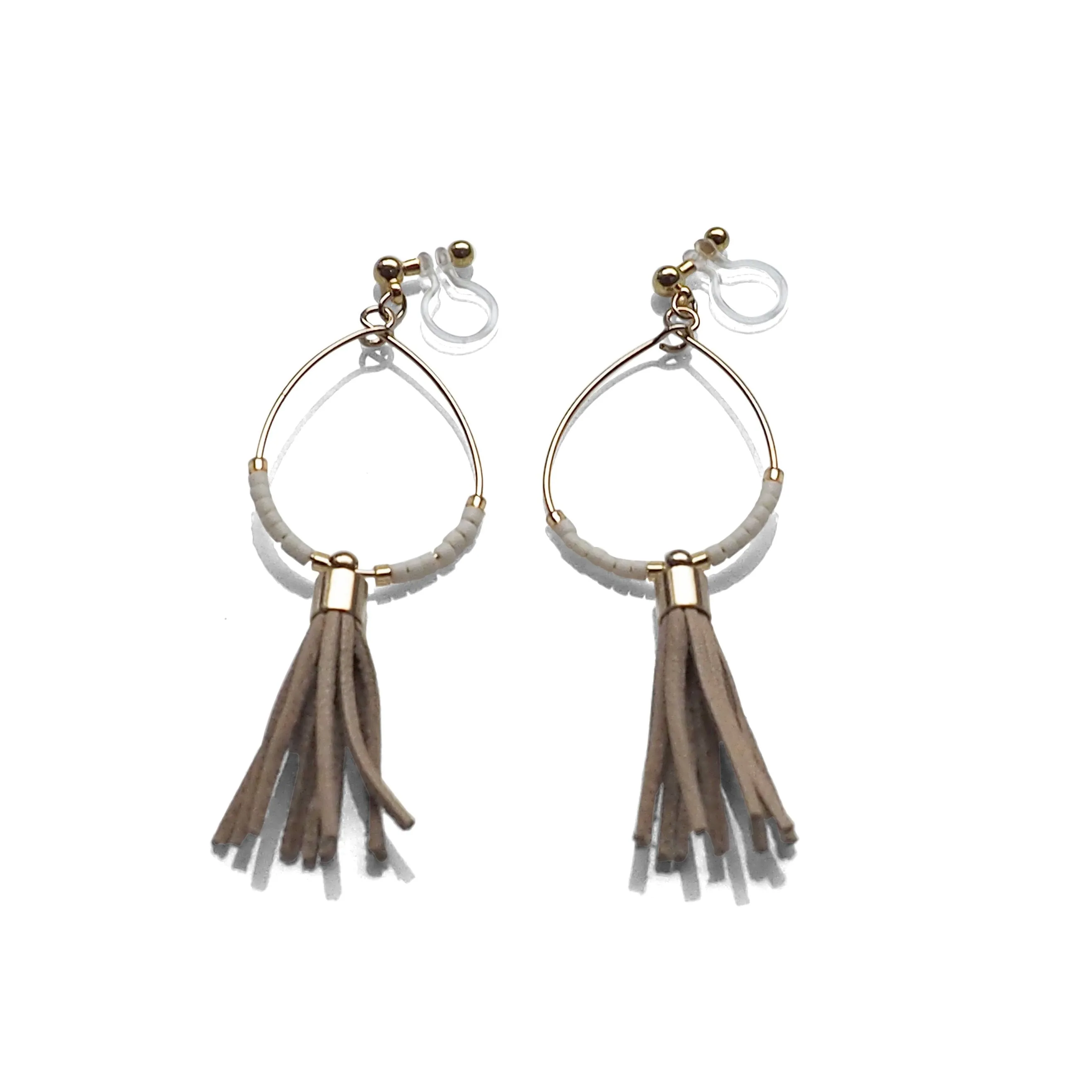 Hoop and beige tassel invisible clip on earrings ( Gold tone )