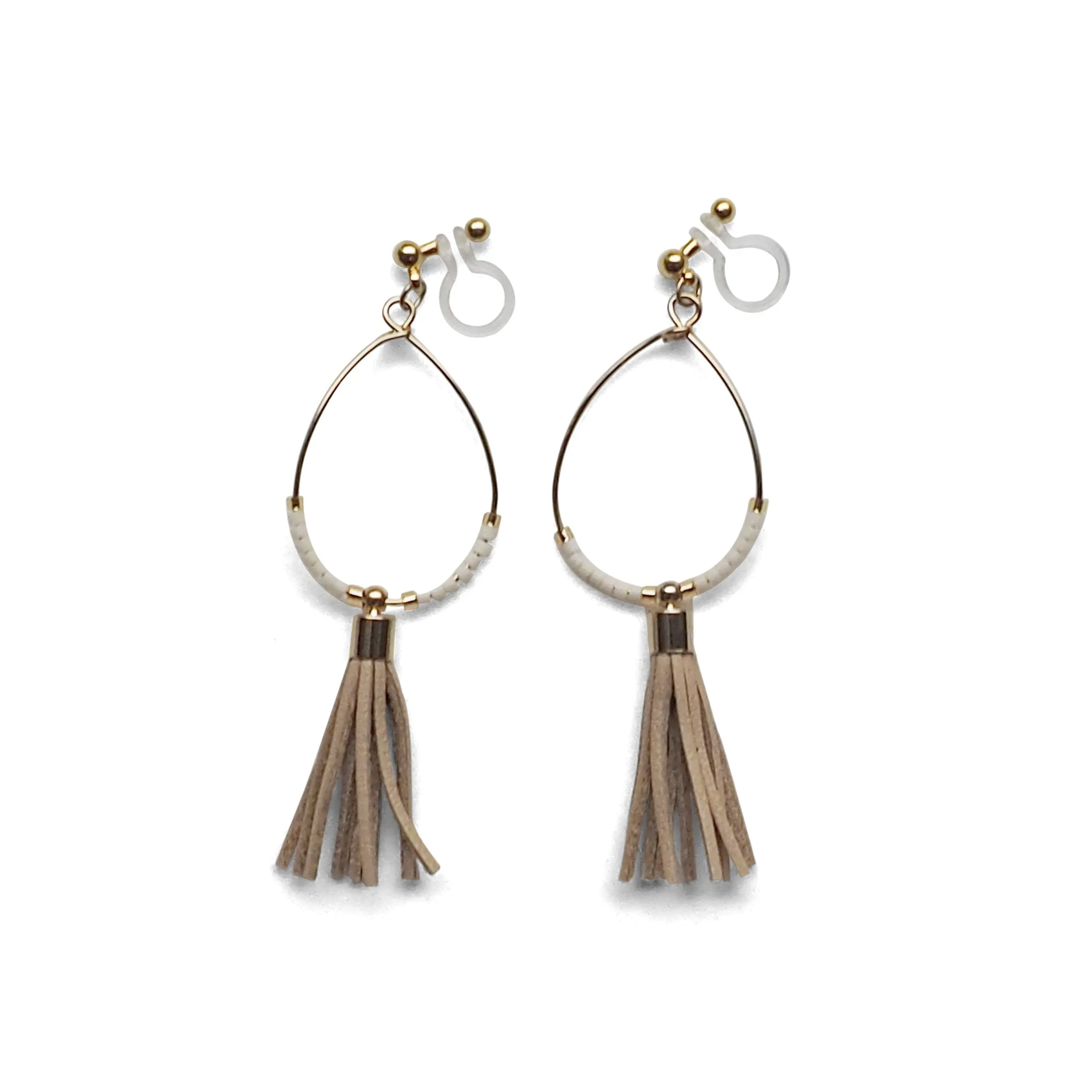 Hoop and beige tassel invisible clip on earrings ( Gold tone )