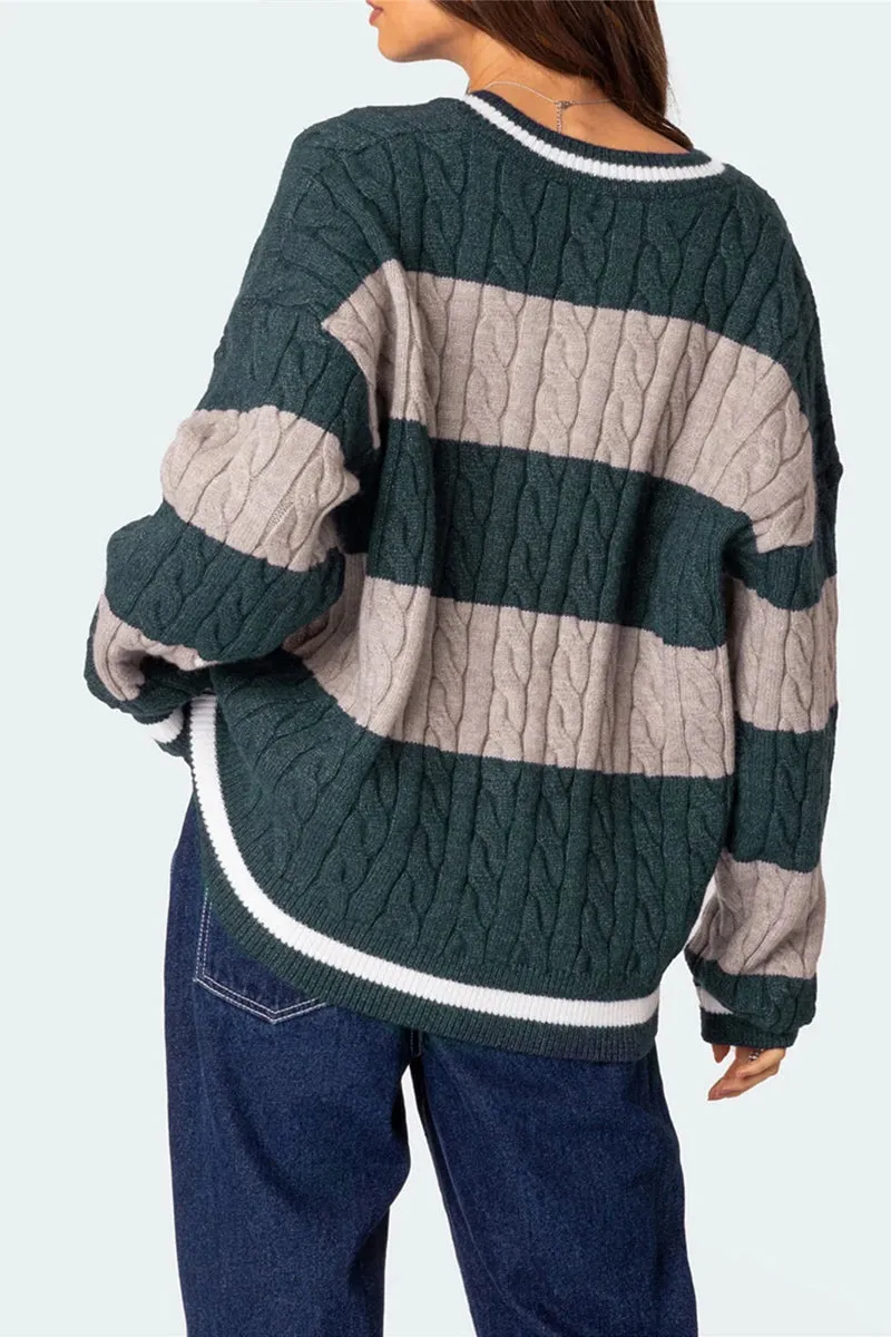 HWT1228 Striped V-Neck Cable Knit Sweater