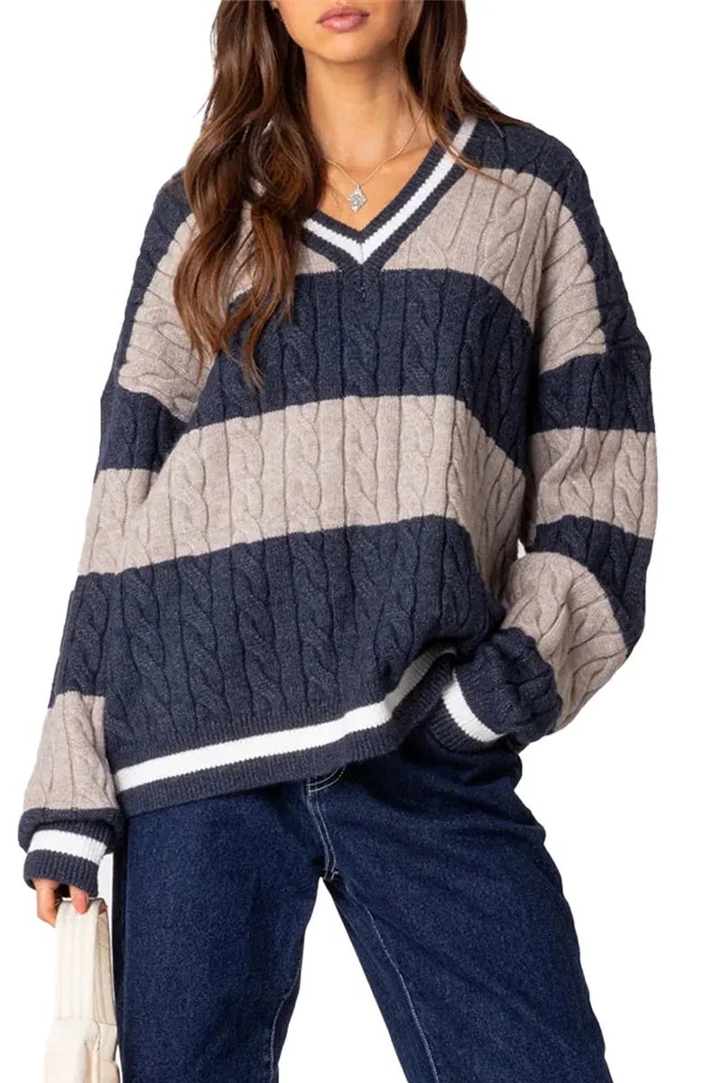 HWT1228 Striped V-Neck Cable Knit Sweater