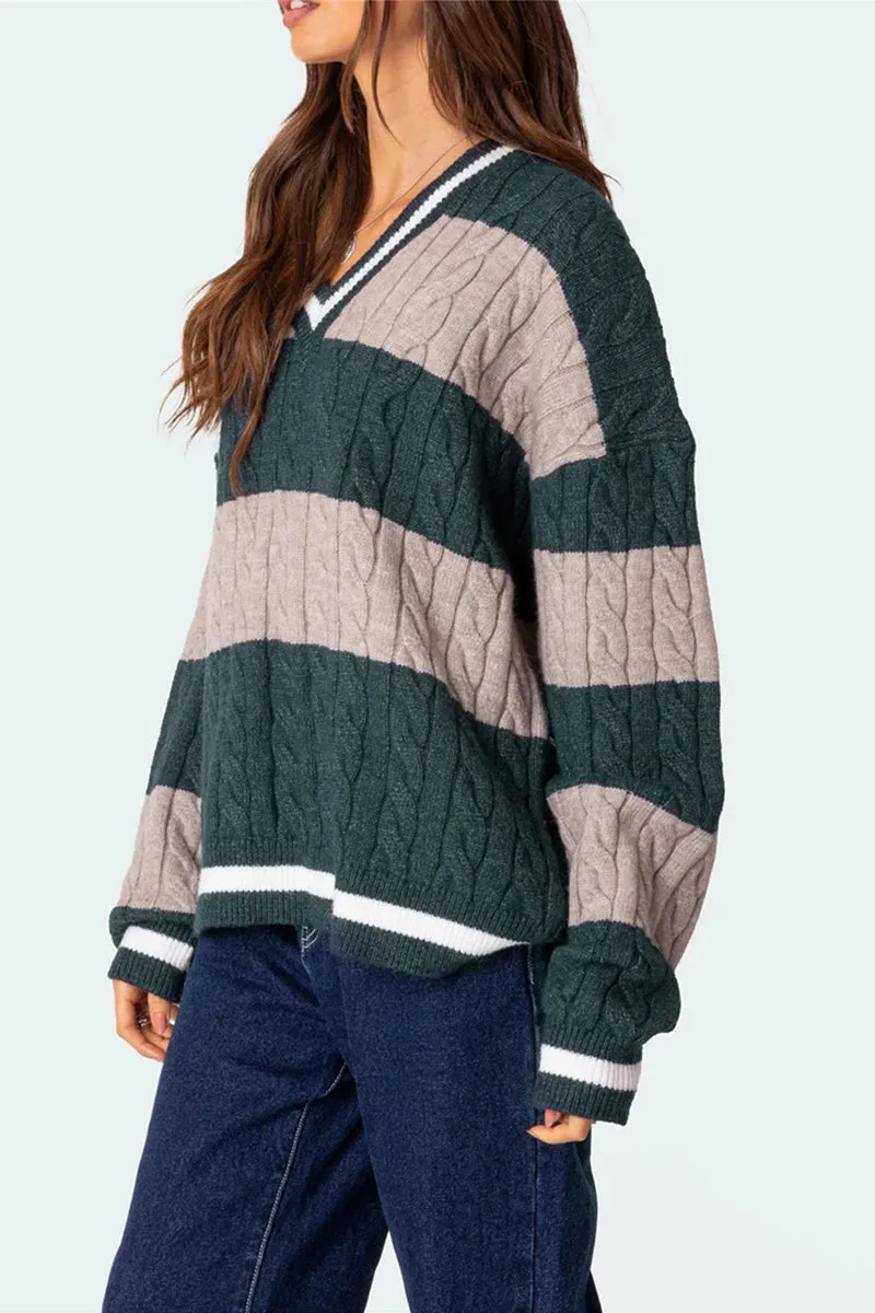 HWT1228 Striped V-Neck Cable Knit Sweater