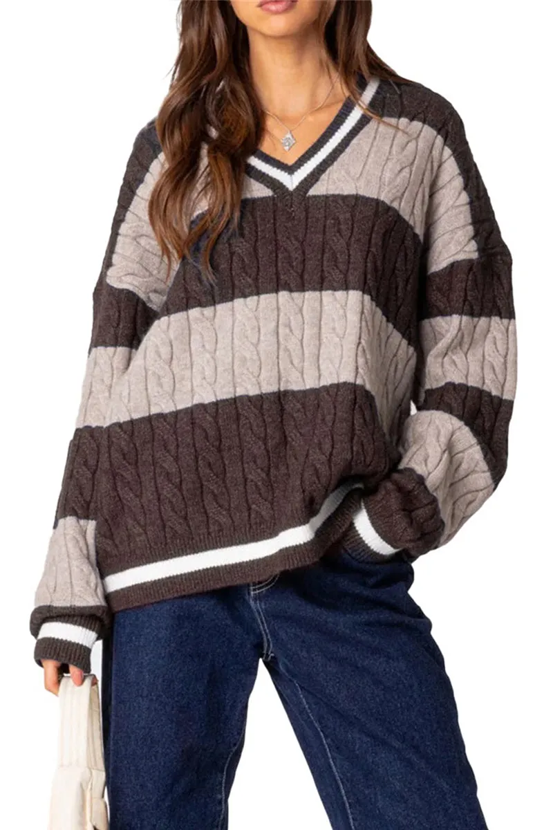 HWT1228 Striped V-Neck Cable Knit Sweater