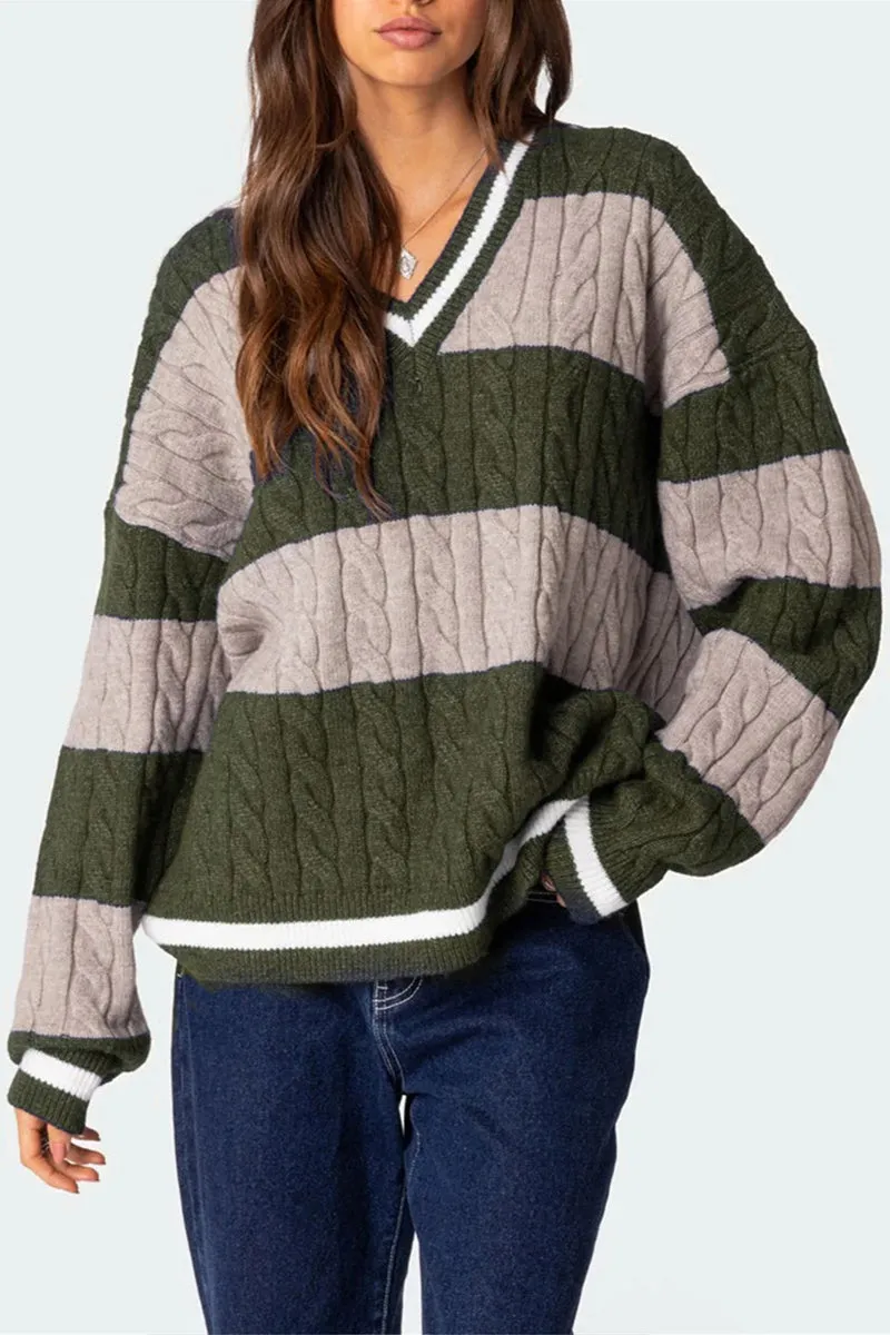 HWT1228 Striped V-Neck Cable Knit Sweater