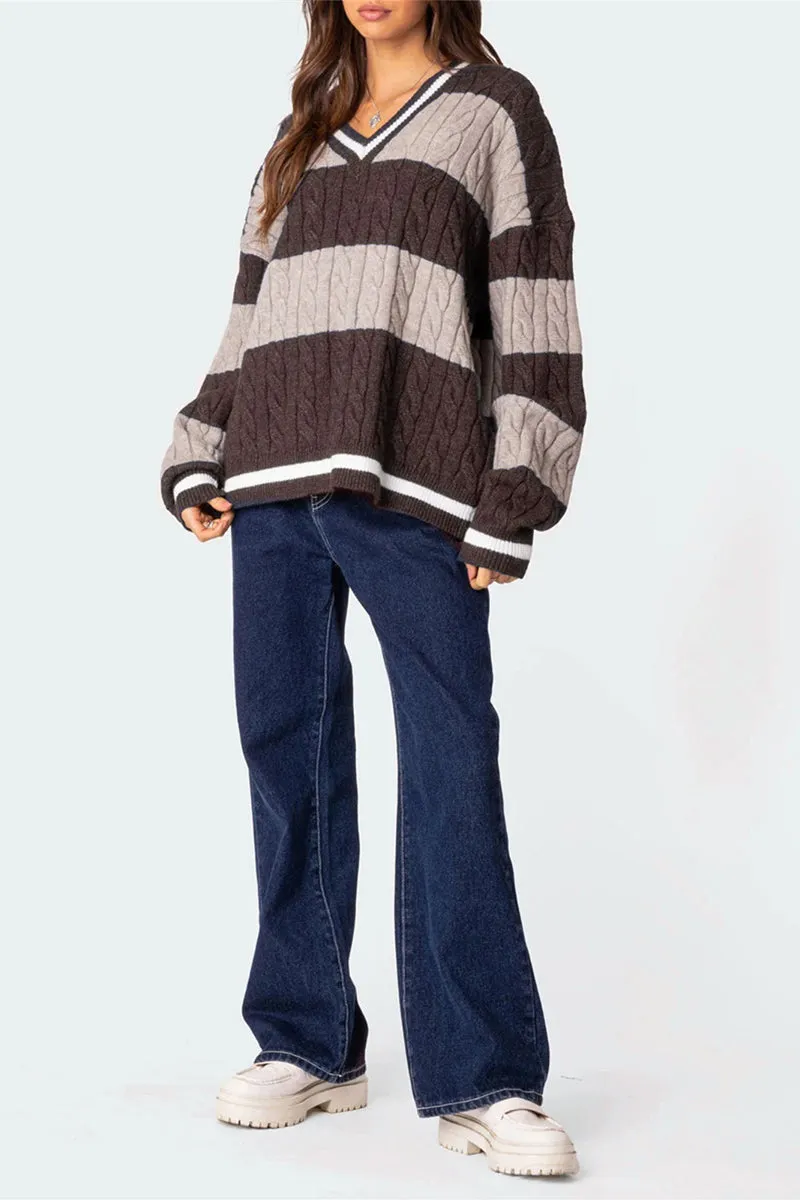 HWT1228 Striped V-Neck Cable Knit Sweater
