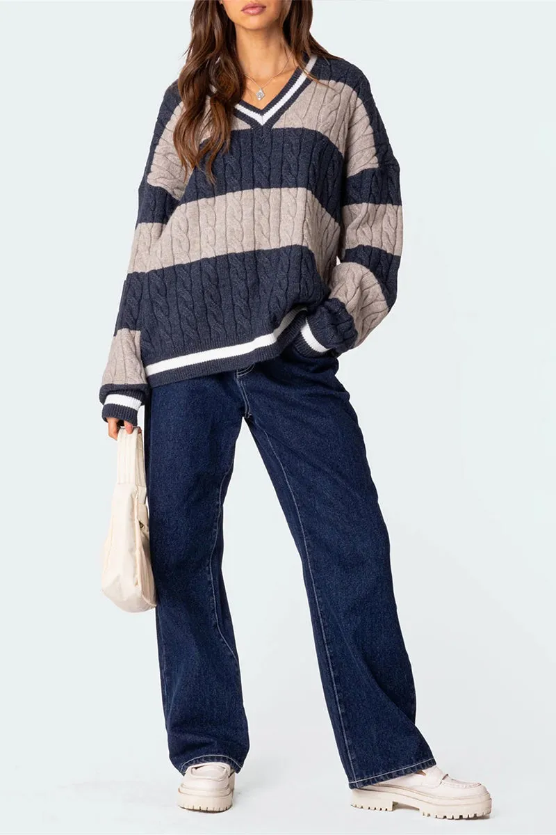 HWT1228 Striped V-Neck Cable Knit Sweater
