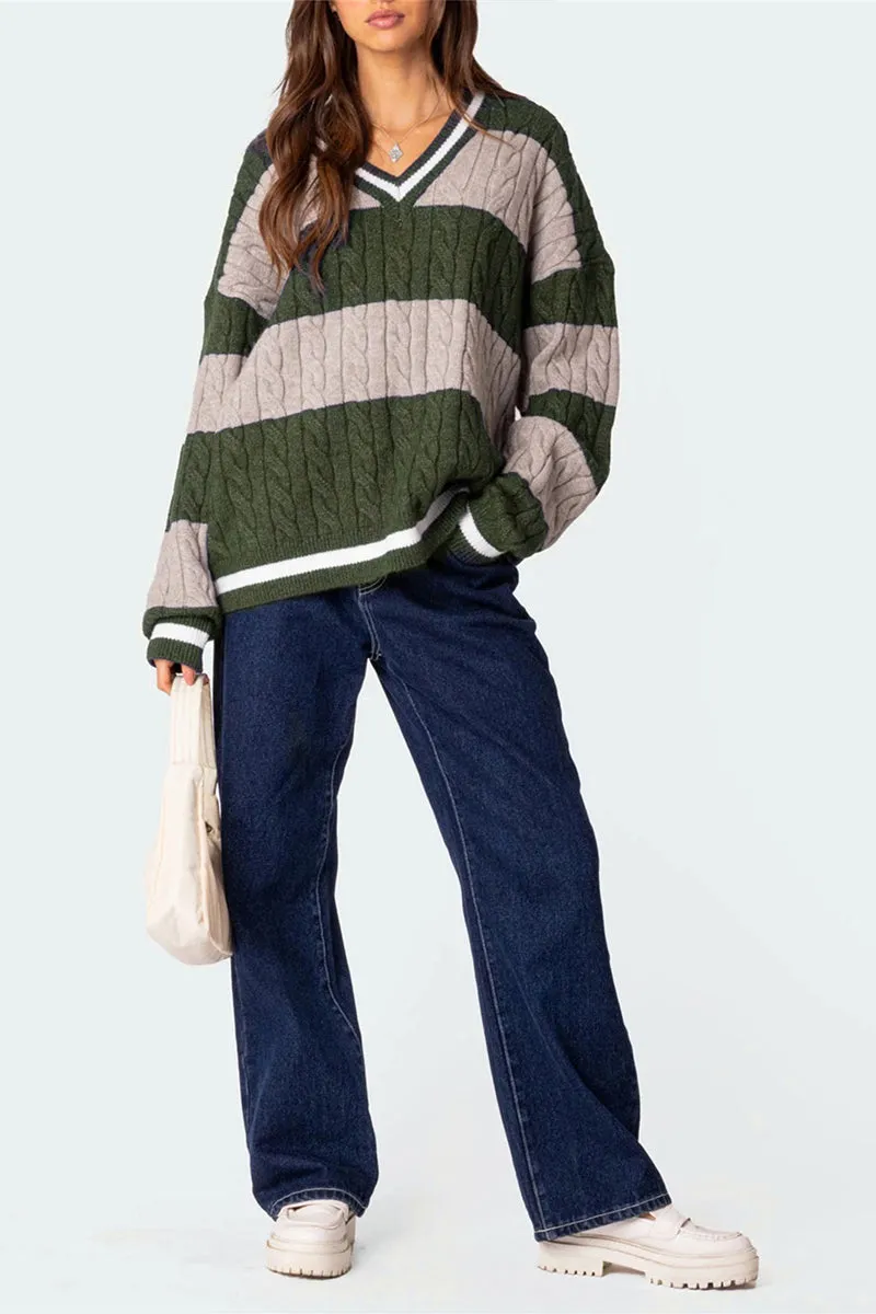 HWT1228 Striped V-Neck Cable Knit Sweater