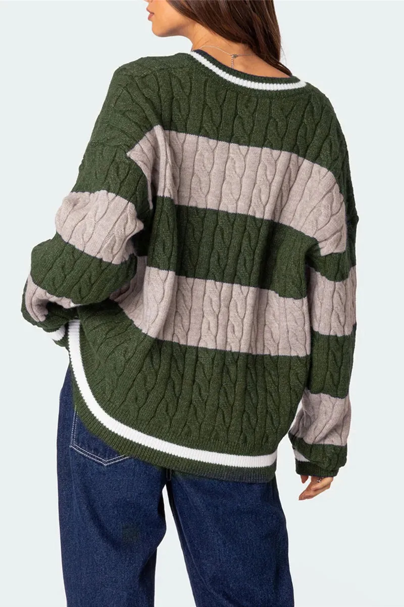 HWT1228 Striped V-Neck Cable Knit Sweater