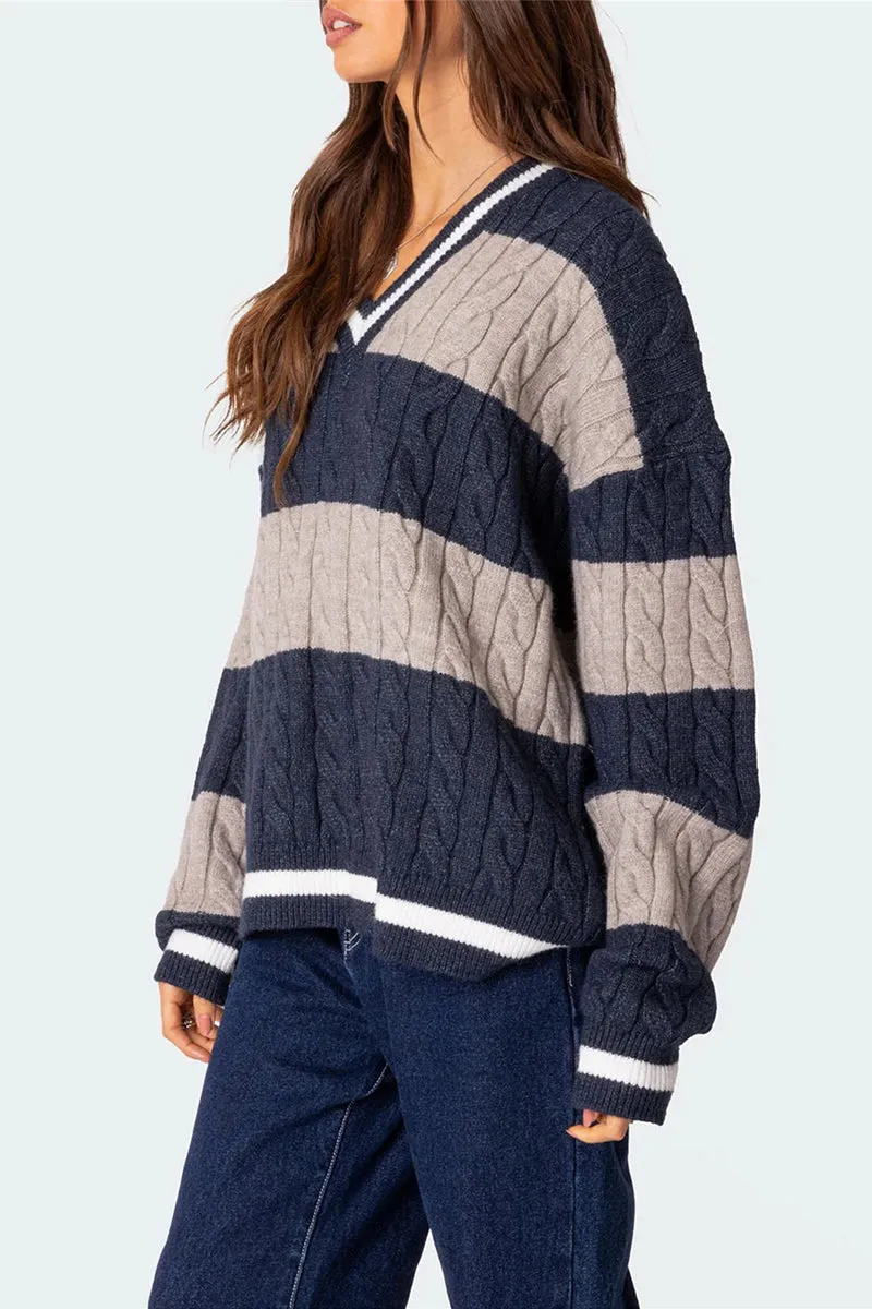 HWT1228 Striped V-Neck Cable Knit Sweater