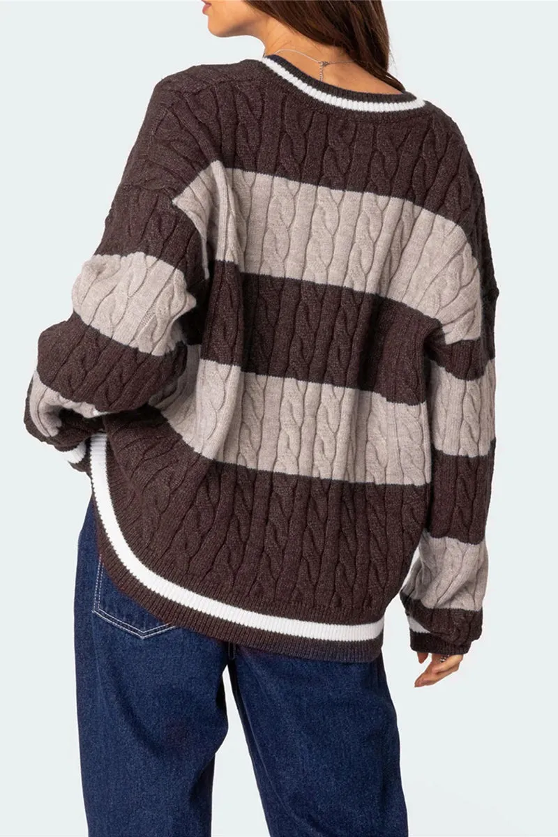HWT1228 Striped V-Neck Cable Knit Sweater