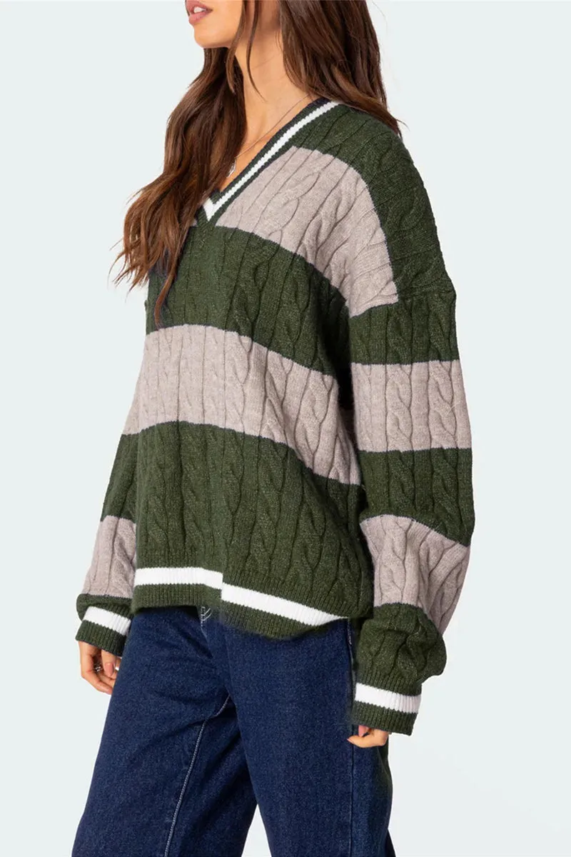 HWT1228 Striped V-Neck Cable Knit Sweater