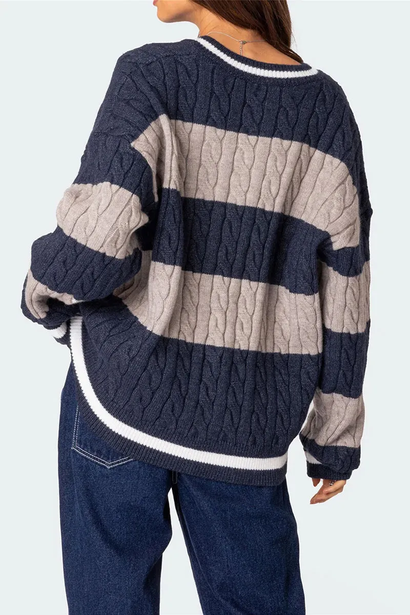 HWT1228 Striped V-Neck Cable Knit Sweater
