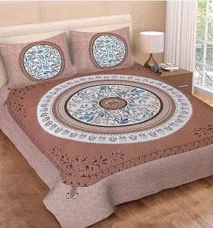 Jaipur traditional King size Bed sheet with Two pillow coves (Brown)