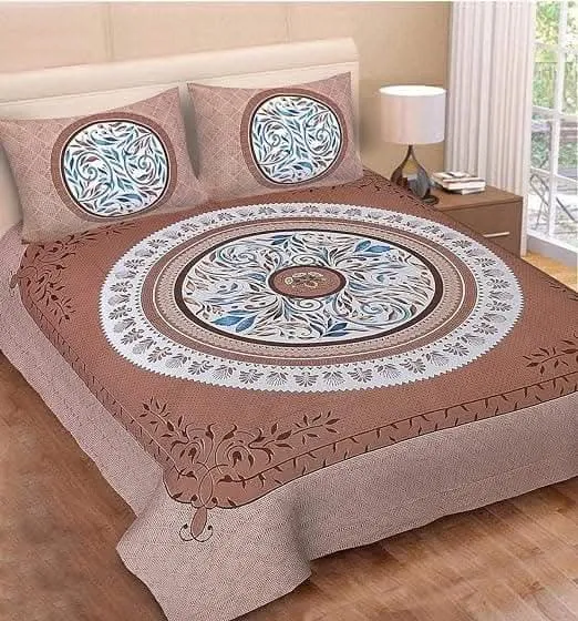 Jaipur traditional King size Bed sheet with Two pillow coves (Brown)