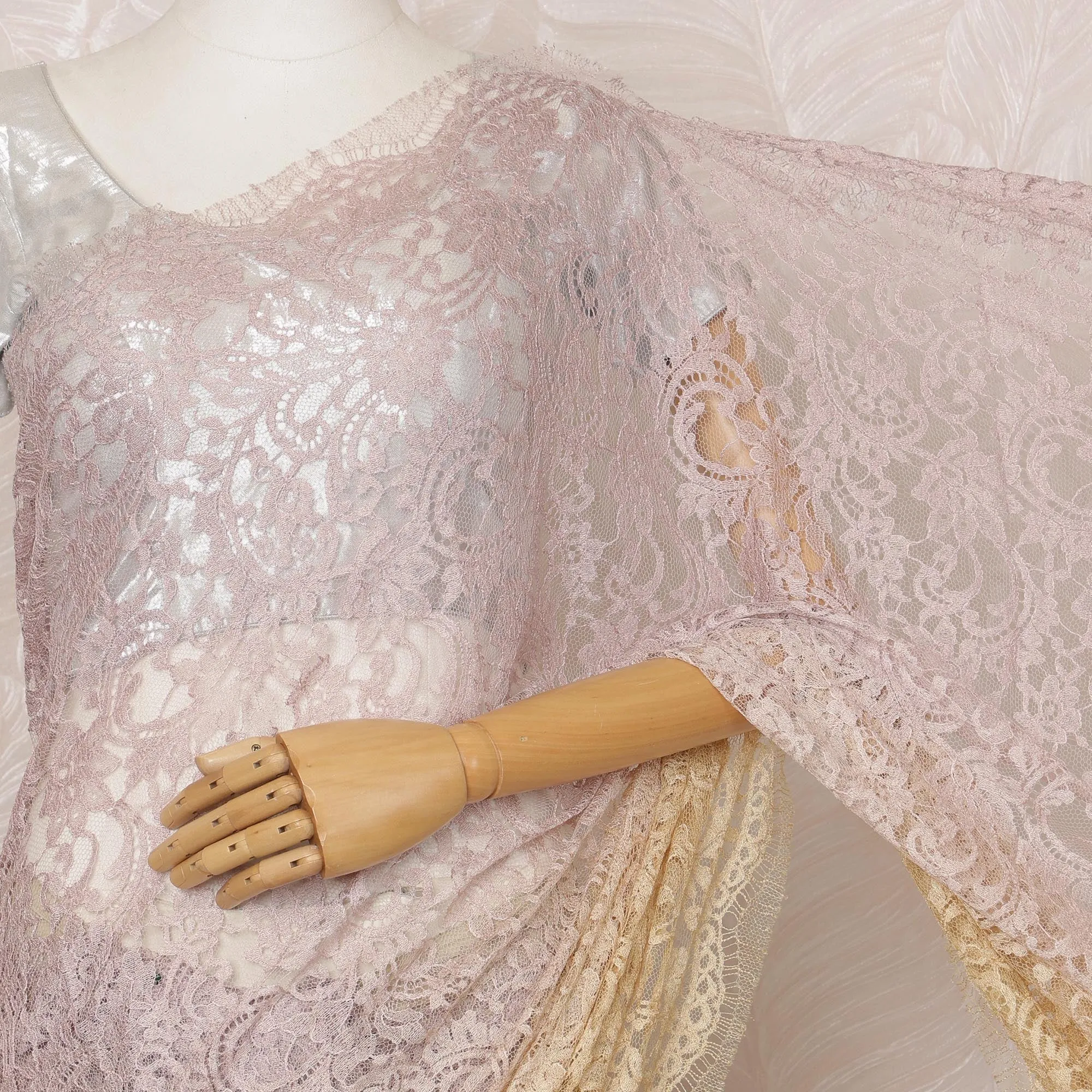 Lavender and Beige Ombre Premium French Chantilly Saree Lace - 5.5 Meters, Floral Design, 110 cm Width-D20757