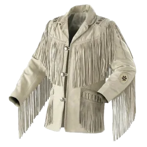 Men Native American Western Cowboy Leather Jacket Suede Leather Fringe & Beaded