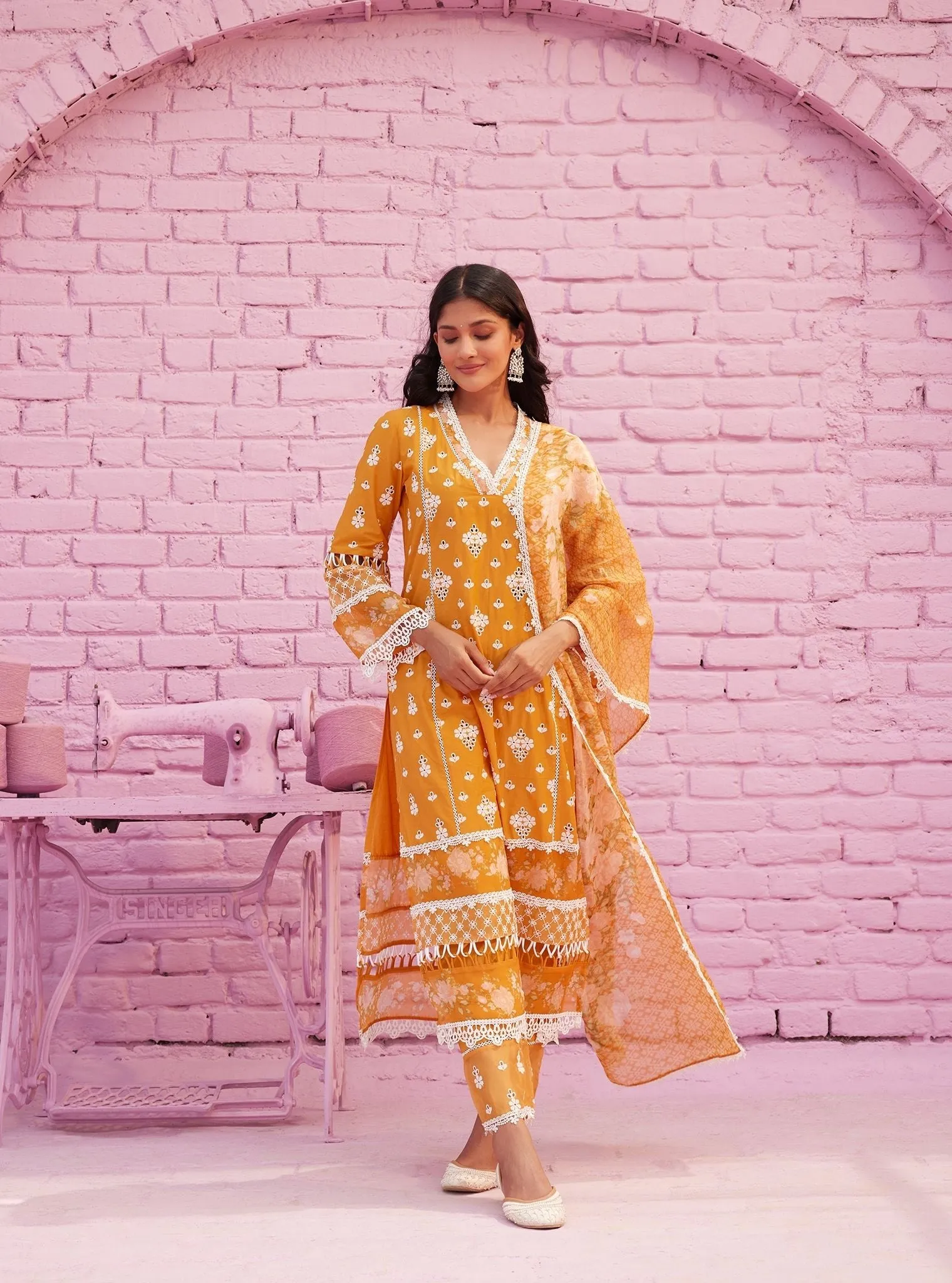 Mulmul Cotton Revaari Orange Kurta With Mulmul Cotton Revaari Orange Pant