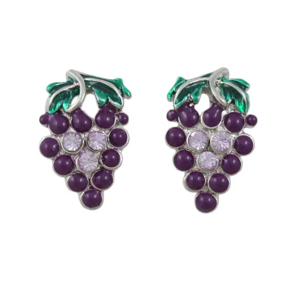 Purple and Green Enamel and Crystal Grapes Pierced Earring - REE306
