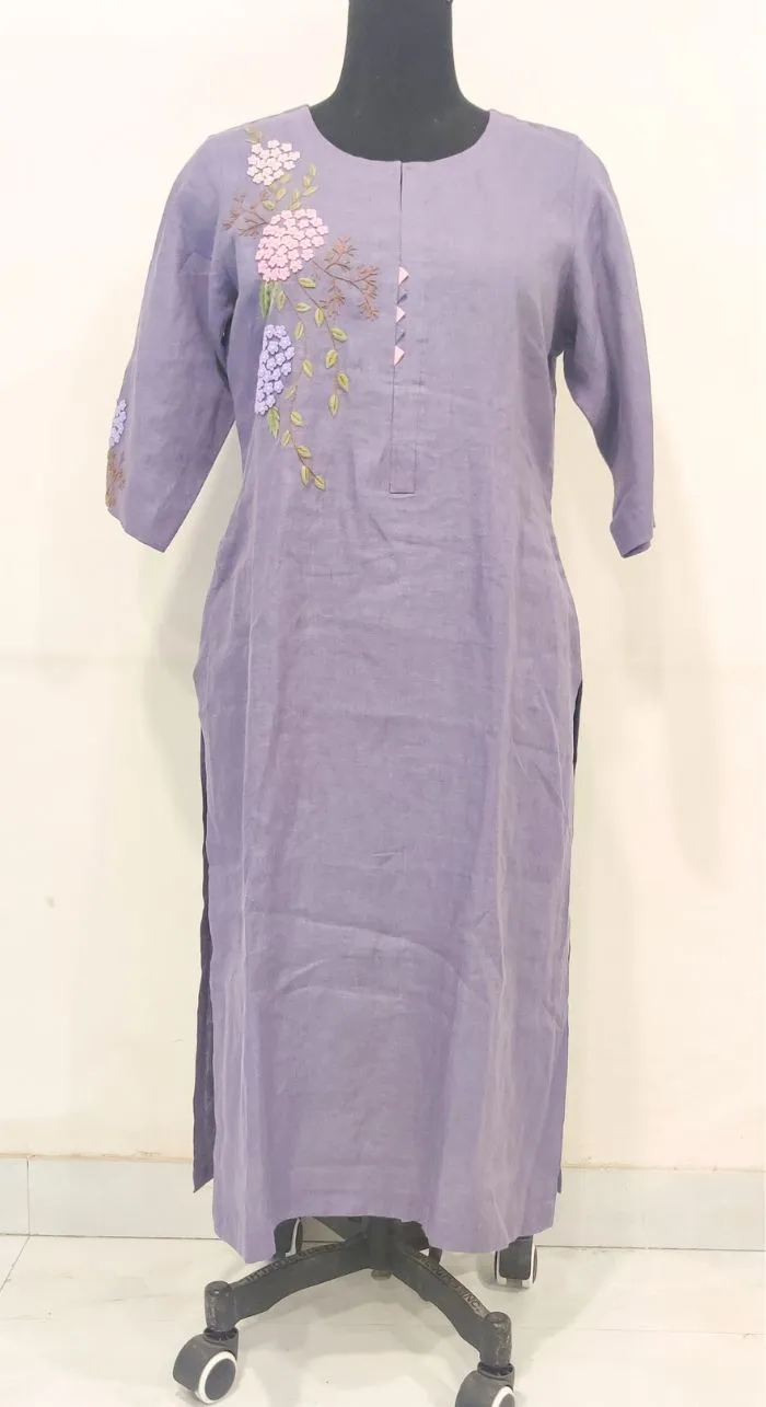 Purple Fancy Linen Hand Work Kurta
