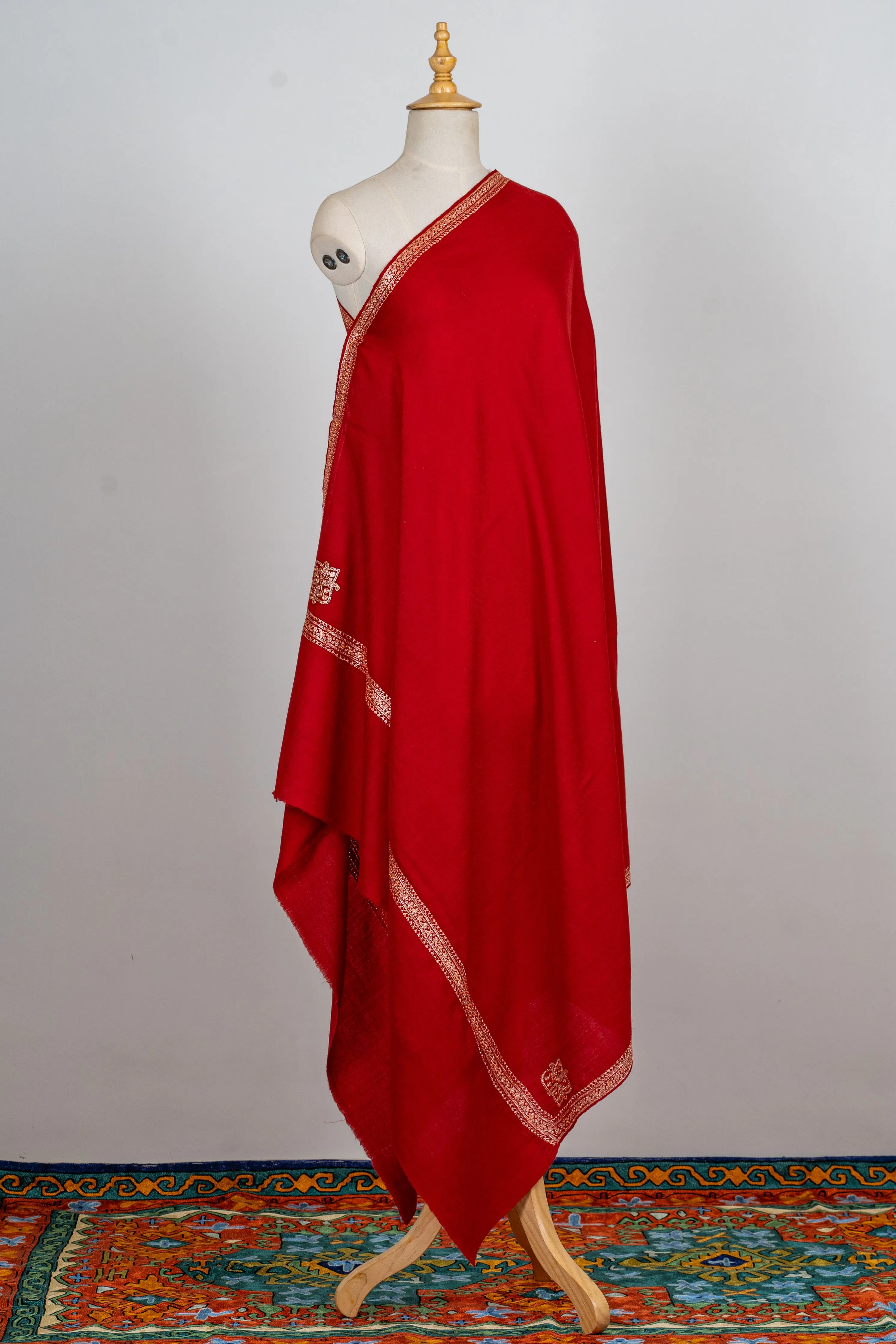 Scarlet Radiance: Sozni Hand-Embroidered Merino Wool Shawl