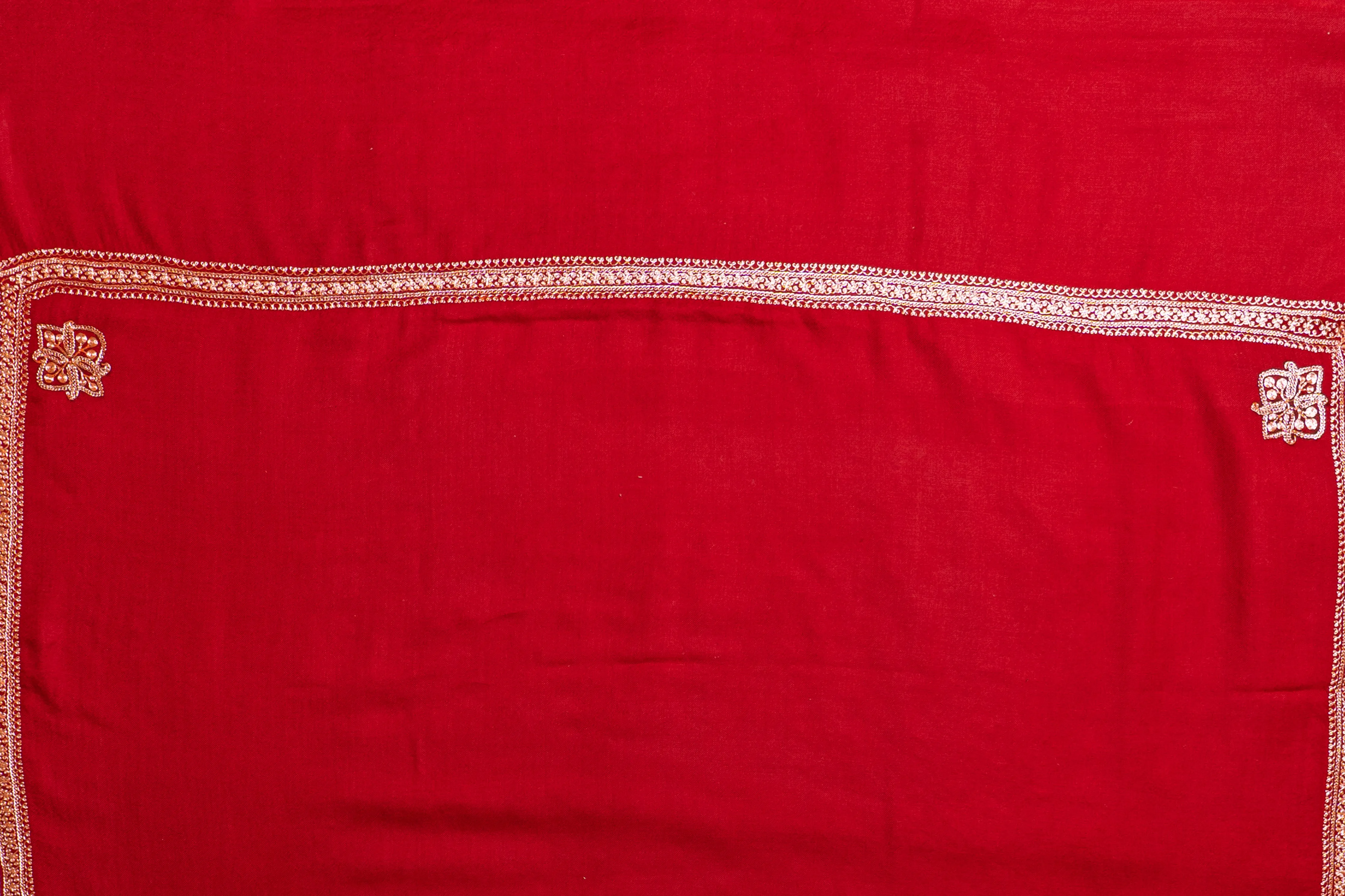 Scarlet Radiance: Sozni Hand-Embroidered Merino Wool Shawl