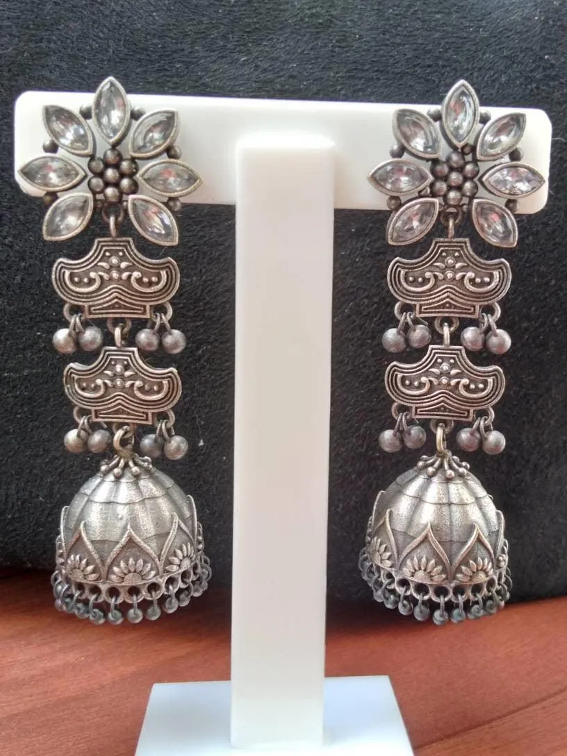 Silver Look-Alike Long Ad Jhumka Earrings for Party & Wedding | Sarichka