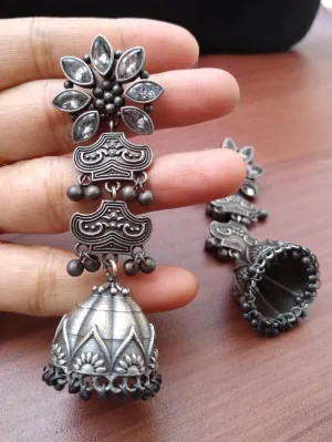 Silver Look-Alike Long Ad Jhumka Earrings for Party & Wedding | Sarichka