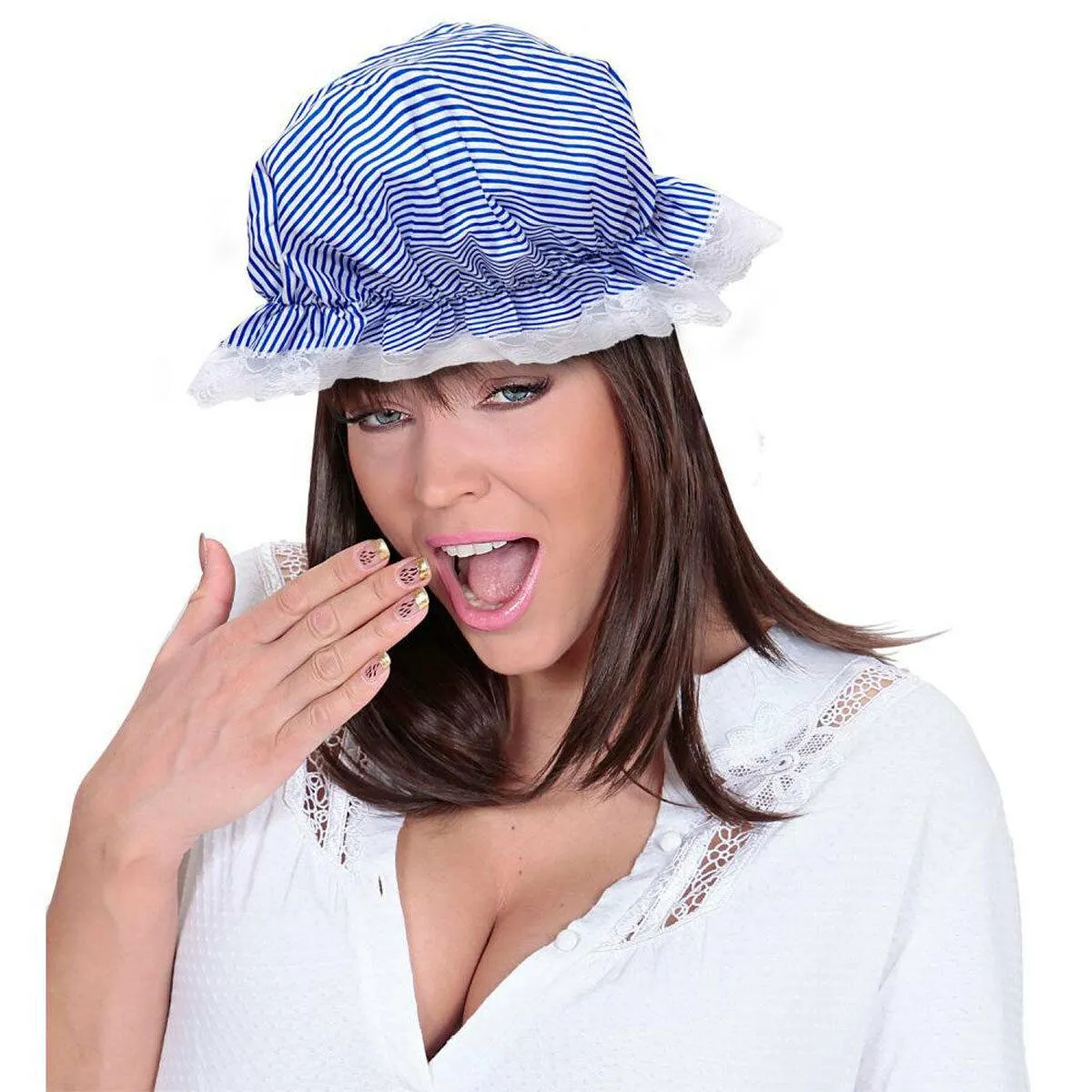 Striped Mob Cap Bonnet with Elegant Lace Detailing for Traditional Victorian Fancy Dress