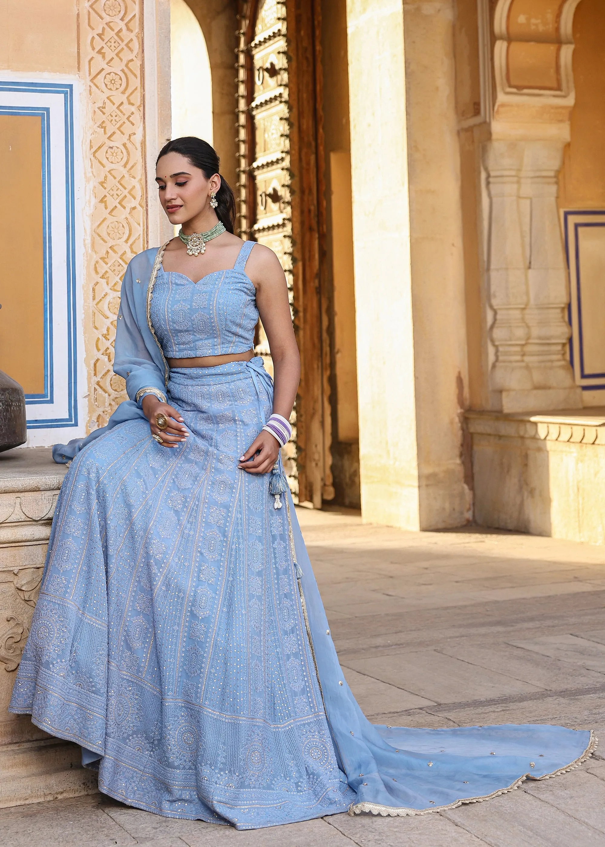 Tahira Powder Blue Lucknowi Embroidered Lehenga Set
