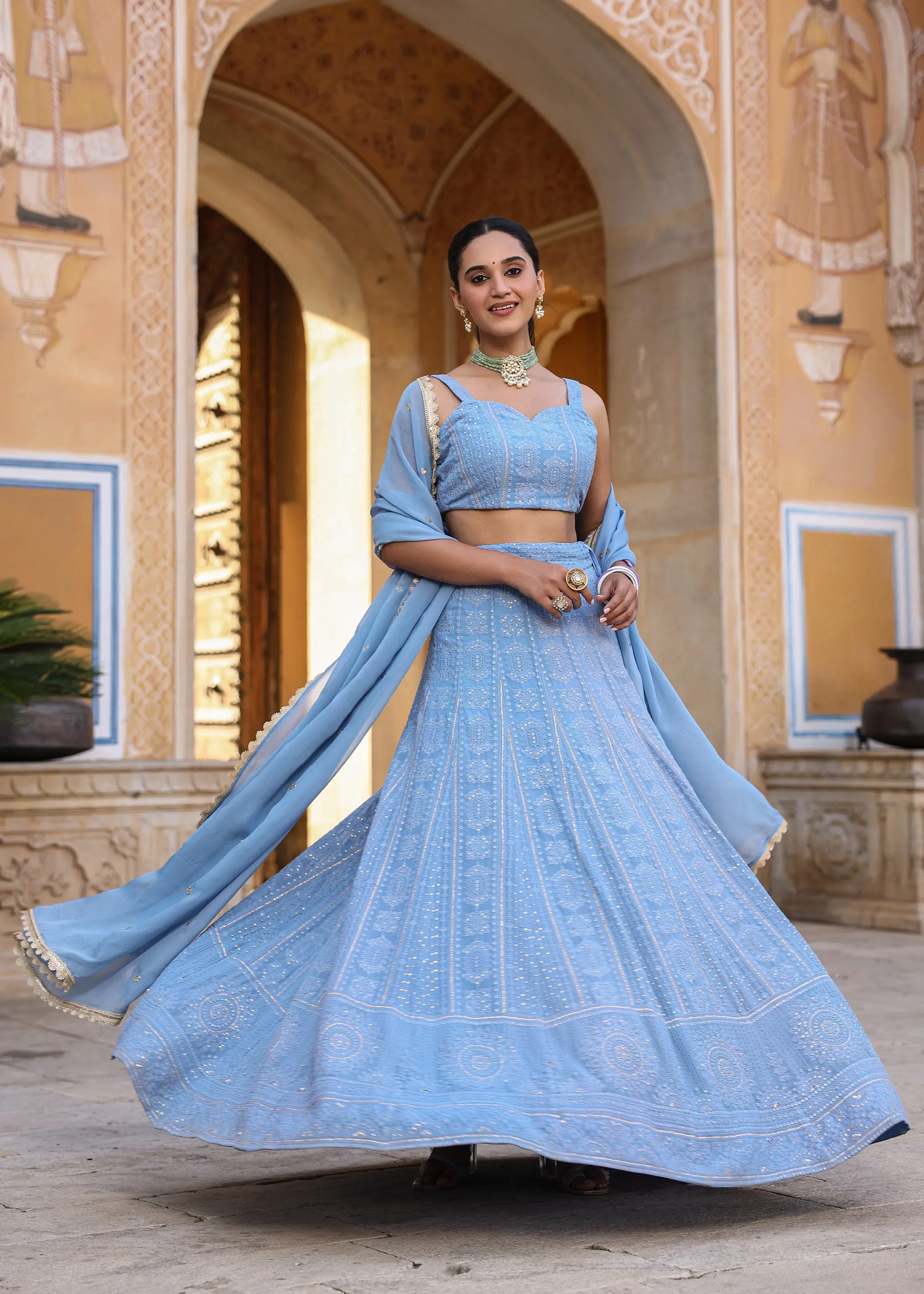 Tahira Powder Blue Lucknowi Embroidered Lehenga Set