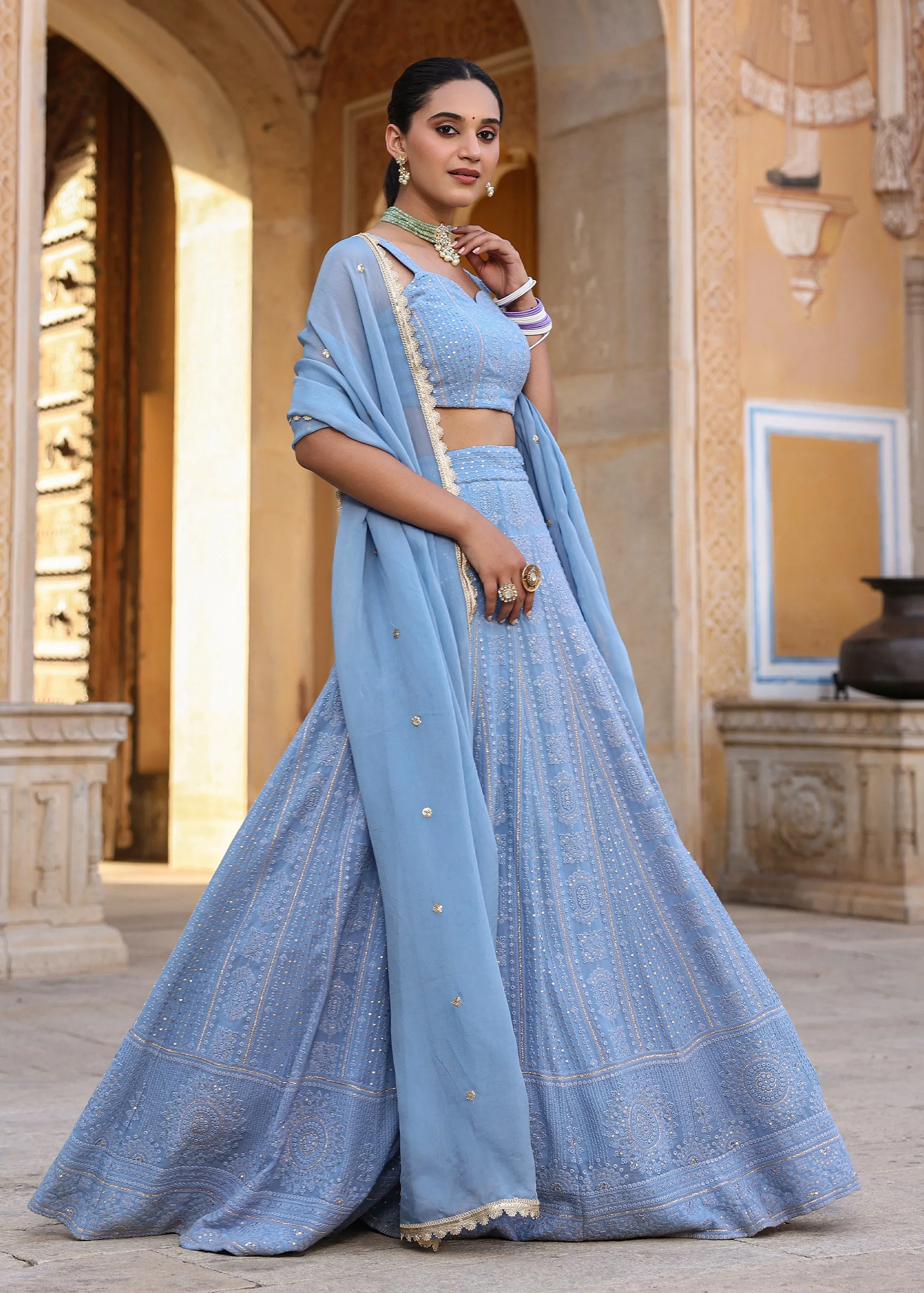 Tahira Powder Blue Lucknowi Embroidered Lehenga Set