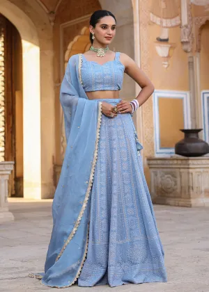 Tahira Powder Blue Lucknowi Embroidered Lehenga Set
