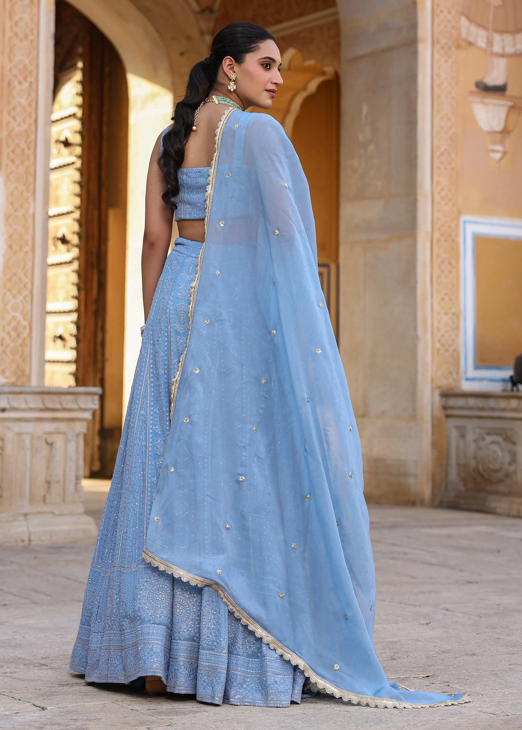 Tahira Powder Blue Lucknowi Embroidered Lehenga Set