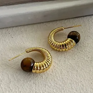 VAIGE Vintage Geometric Hoop Earrings with Rich Brown Stone