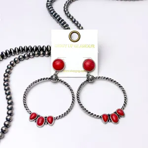Western Moment Silver Tone Hoop Earrings With Stones in Red