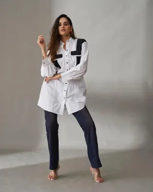 White Glitched Oversized Poplin Shirt