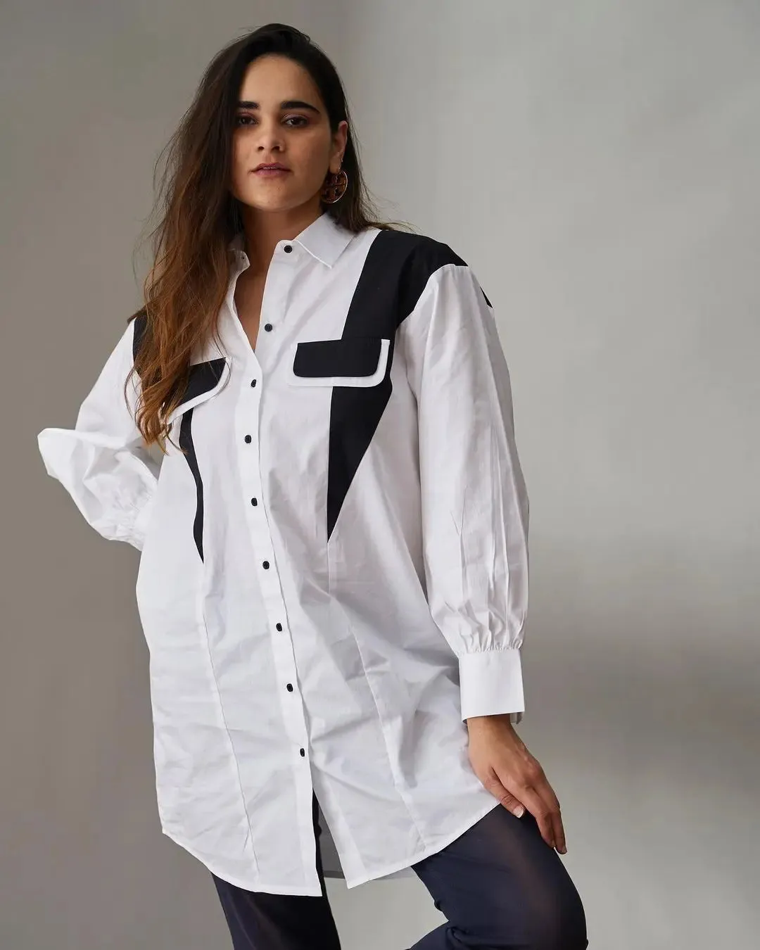 White Glitched Oversized Poplin Shirt